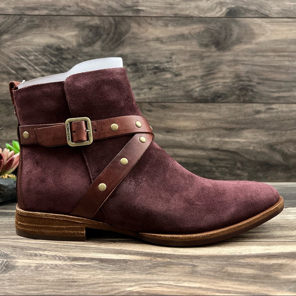 NIB Kork Ease Kenai Studded Ankle Boots Bootie Burgundy Suede Buckle Strap 8M - Picture 5 of 12